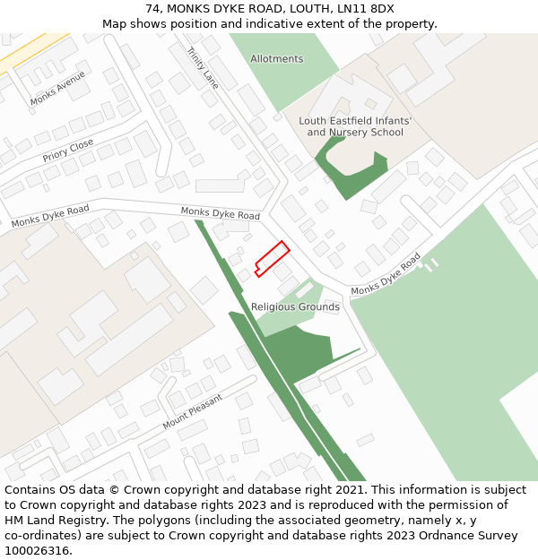 74, MONKS DYKE ROAD, LOUTH, LN11 8DX: Location map and indicative extent of plot