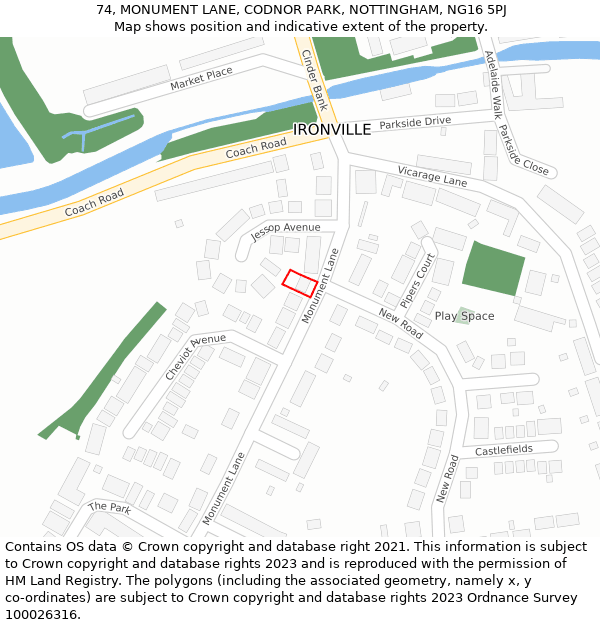 74, MONUMENT LANE, CODNOR PARK, NOTTINGHAM, NG16 5PJ: Location map and indicative extent of plot