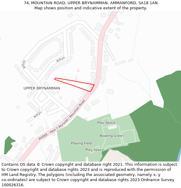 74, MOUNTAIN ROAD, UPPER BRYNAMMAN, AMMANFORD, SA18 1AN: Location map and indicative extent of plot