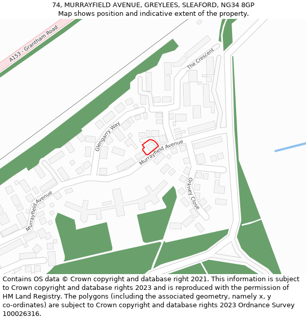74, MURRAYFIELD AVENUE, GREYLEES, SLEAFORD, NG34 8GP: Location map and indicative extent of plot