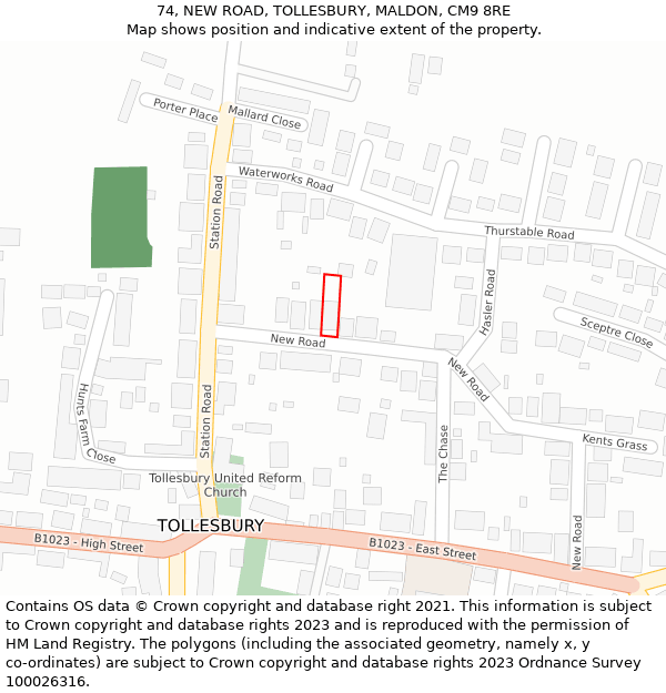 74, NEW ROAD, TOLLESBURY, MALDON, CM9 8RE: Location map and indicative extent of plot