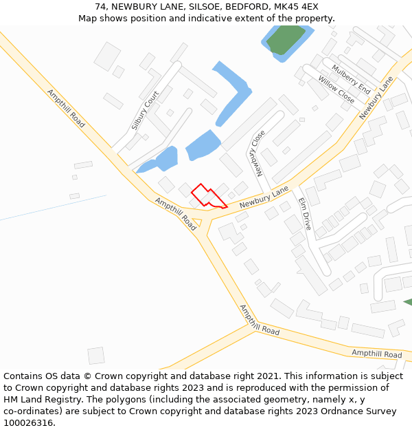 74, NEWBURY LANE, SILSOE, BEDFORD, MK45 4EX: Location map and indicative extent of plot