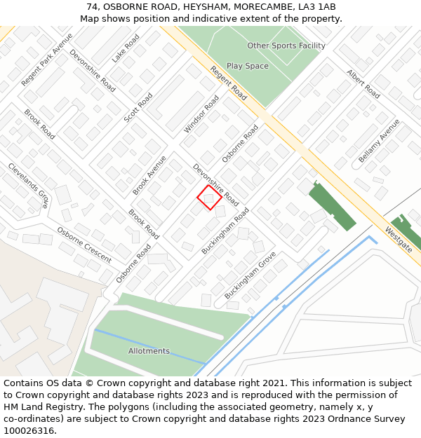 74, OSBORNE ROAD, HEYSHAM, MORECAMBE, LA3 1AB: Location map and indicative extent of plot