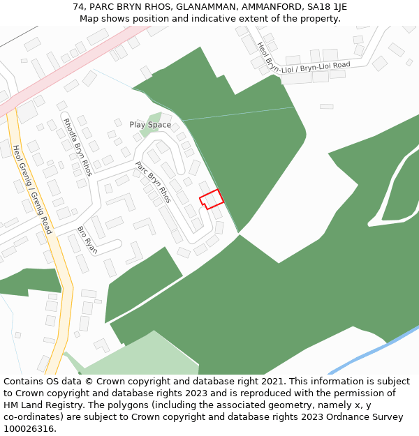 74, PARC BRYN RHOS, GLANAMMAN, AMMANFORD, SA18 1JE: Location map and indicative extent of plot