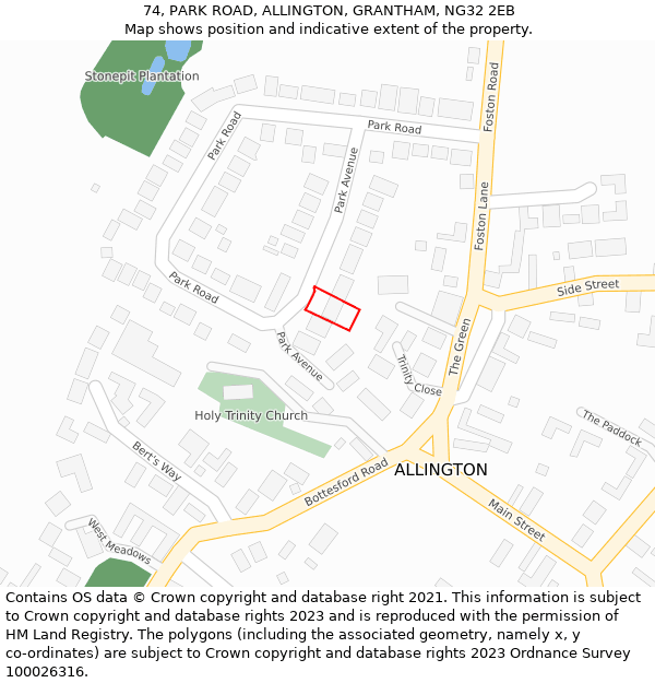 74, PARK ROAD, ALLINGTON, GRANTHAM, NG32 2EB: Location map and indicative extent of plot
