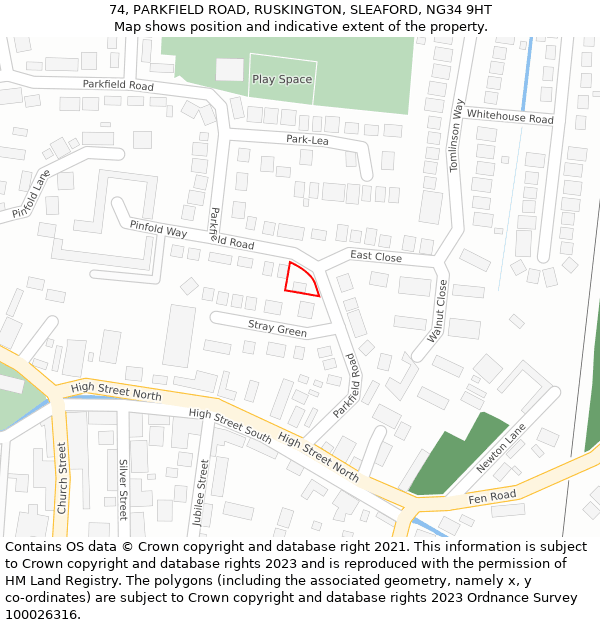 74, PARKFIELD ROAD, RUSKINGTON, SLEAFORD, NG34 9HT: Location map and indicative extent of plot