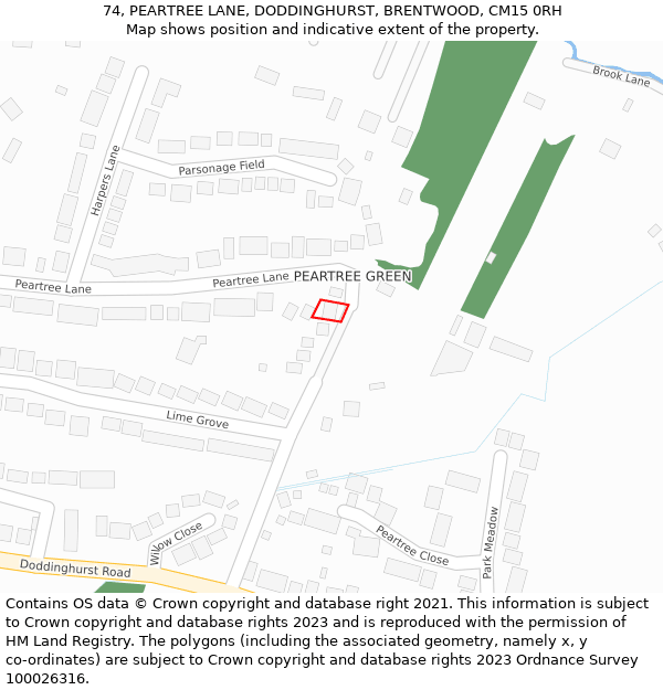 74, PEARTREE LANE, DODDINGHURST, BRENTWOOD, CM15 0RH: Location map and indicative extent of plot