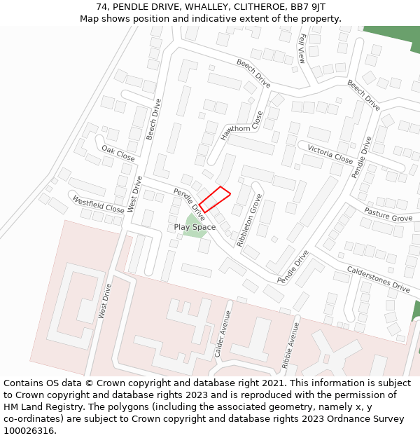 74, PENDLE DRIVE, WHALLEY, CLITHEROE, BB7 9JT: Location map and indicative extent of plot