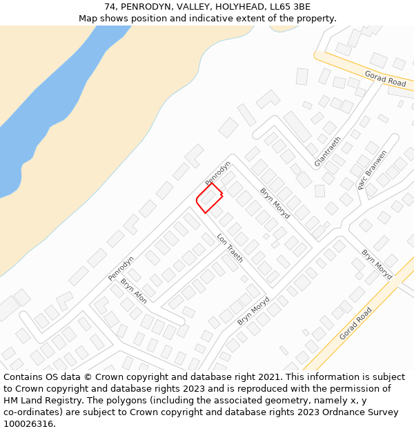 74, PENRODYN, VALLEY, HOLYHEAD, LL65 3BE: Location map and indicative extent of plot