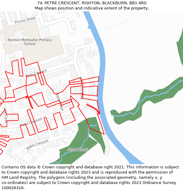 74, PETRE CRESCENT, RISHTON, BLACKBURN, BB1 4RG: Location map and indicative extent of plot