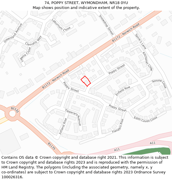 74, POPPY STREET, WYMONDHAM, NR18 0YU: Location map and indicative extent of plot
