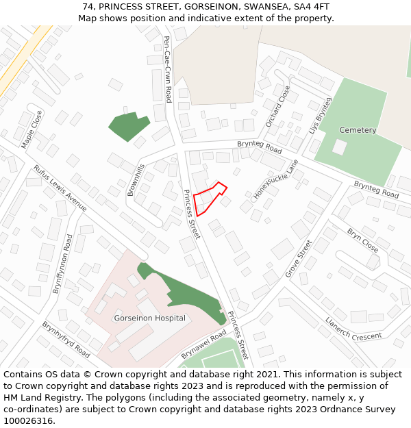 74, PRINCESS STREET, GORSEINON, SWANSEA, SA4 4FT: Location map and indicative extent of plot