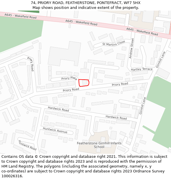 74, PRIORY ROAD, FEATHERSTONE, PONTEFRACT, WF7 5HX: Location map and indicative extent of plot