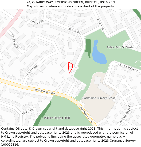 74, QUARRY WAY, EMERSONS GREEN, BRISTOL, BS16 7BN: Location map and indicative extent of plot