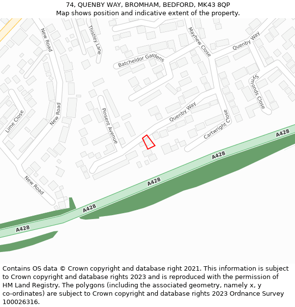 74, QUENBY WAY, BROMHAM, BEDFORD, MK43 8QP: Location map and indicative extent of plot