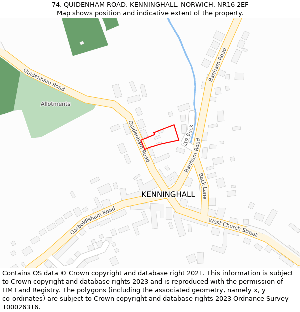 74, QUIDENHAM ROAD, KENNINGHALL, NORWICH, NR16 2EF: Location map and indicative extent of plot