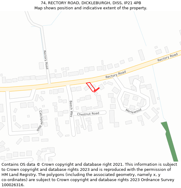 74, RECTORY ROAD, DICKLEBURGH, DISS, IP21 4PB: Location map and indicative extent of plot