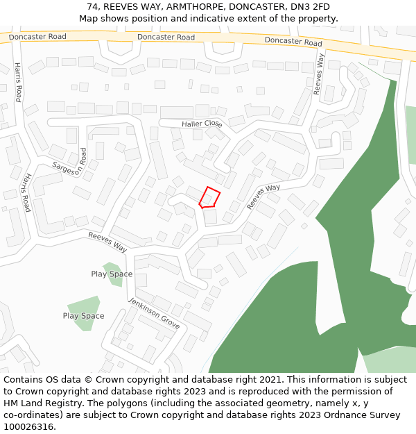 74, REEVES WAY, ARMTHORPE, DONCASTER, DN3 2FD: Location map and indicative extent of plot