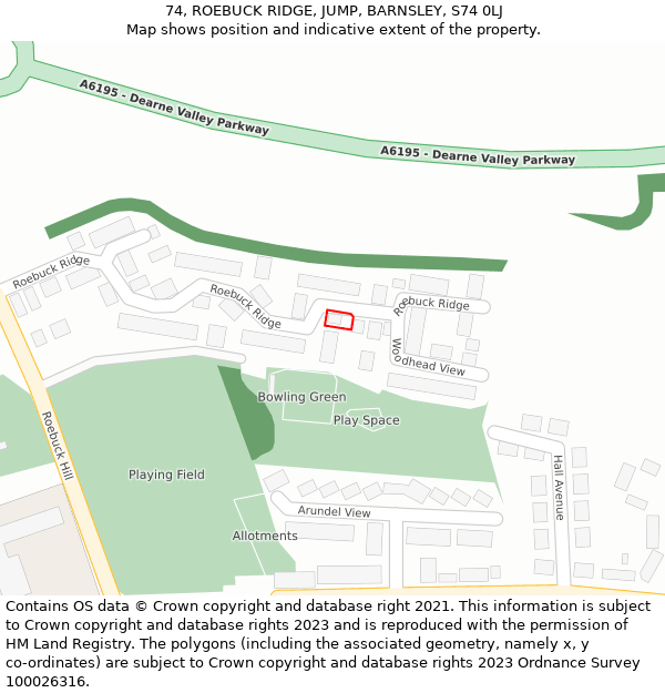 74, ROEBUCK RIDGE, JUMP, BARNSLEY, S74 0LJ: Location map and indicative extent of plot