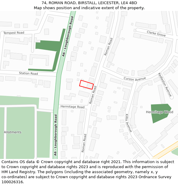 74, ROMAN ROAD, BIRSTALL, LEICESTER, LE4 4BD: Location map and indicative extent of plot