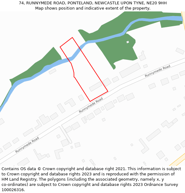 74, RUNNYMEDE ROAD, PONTELAND, NEWCASTLE UPON TYNE, NE20 9HH: Location map and indicative extent of plot