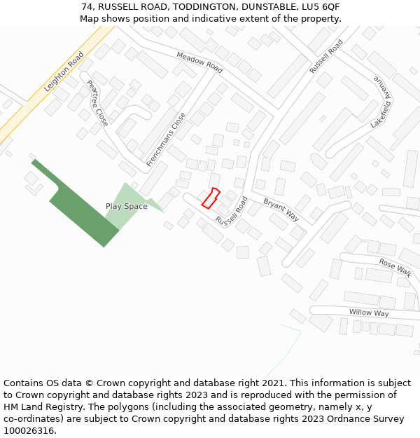 74, RUSSELL ROAD, TODDINGTON, DUNSTABLE, LU5 6QF: Location map and indicative extent of plot