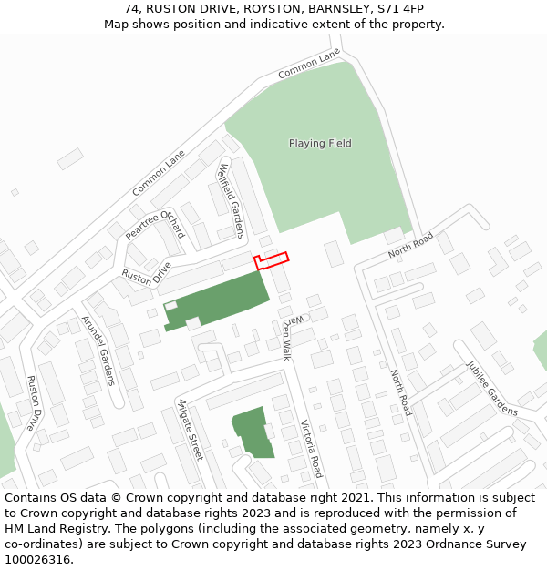 74, RUSTON DRIVE, ROYSTON, BARNSLEY, S71 4FP: Location map and indicative extent of plot