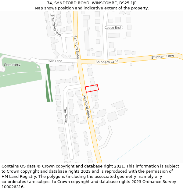 74, SANDFORD ROAD, WINSCOMBE, BS25 1JF: Location map and indicative extent of plot