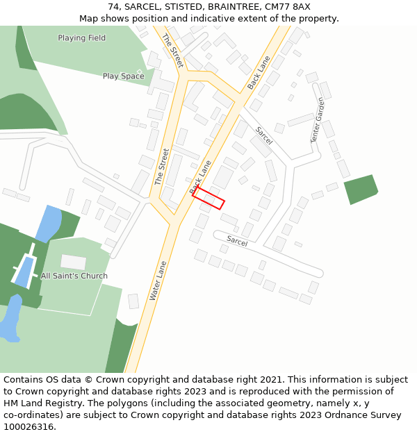 74, SARCEL, STISTED, BRAINTREE, CM77 8AX: Location map and indicative extent of plot