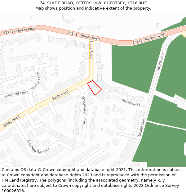 74, SLADE ROAD, OTTERSHAW, CHERTSEY, KT16 0HZ: Location map and indicative extent of plot