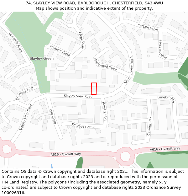 74, SLAYLEY VIEW ROAD, BARLBOROUGH, CHESTERFIELD, S43 4WU: Location map and indicative extent of plot