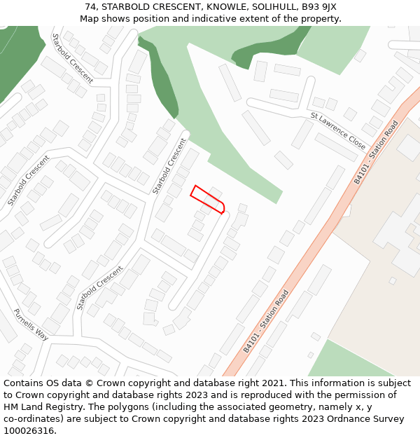 74, STARBOLD CRESCENT, KNOWLE, SOLIHULL, B93 9JX: Location map and indicative extent of plot