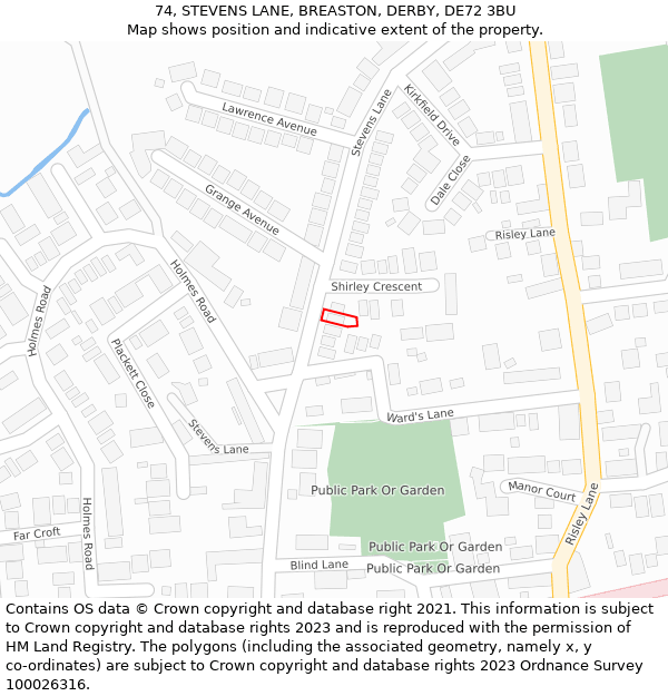 74, STEVENS LANE, BREASTON, DERBY, DE72 3BU: Location map and indicative extent of plot