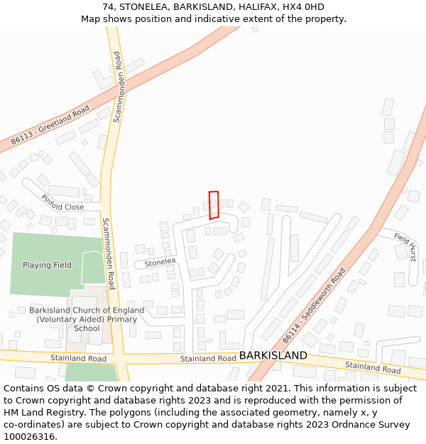 74, STONELEA, BARKISLAND, HALIFAX, HX4 0HD: Location map and indicative extent of plot