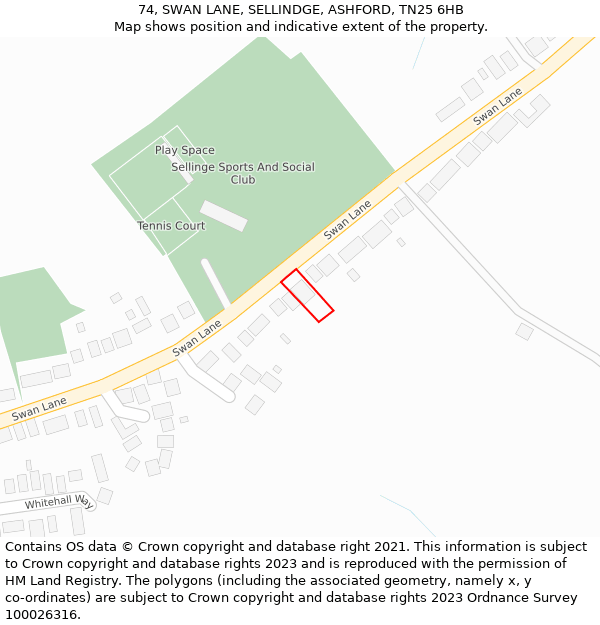 74, SWAN LANE, SELLINDGE, ASHFORD, TN25 6HB: Location map and indicative extent of plot