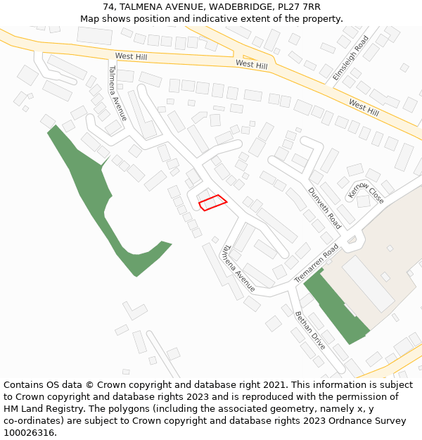 74, TALMENA AVENUE, WADEBRIDGE, PL27 7RR: Location map and indicative extent of plot