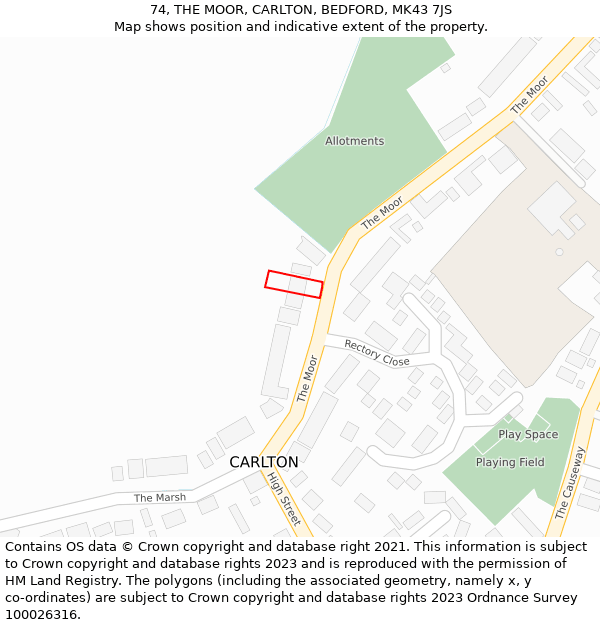 74, THE MOOR, CARLTON, BEDFORD, MK43 7JS: Location map and indicative extent of plot