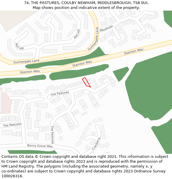 74, THE PASTURES, COULBY NEWHAM, MIDDLESBROUGH, TS8 0UL: Location map and indicative extent of plot