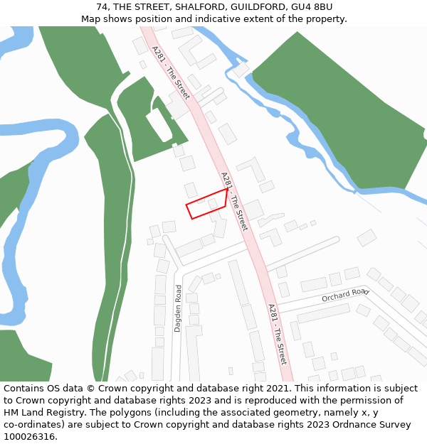 74, THE STREET, SHALFORD, GUILDFORD, GU4 8BU: Location map and indicative extent of plot