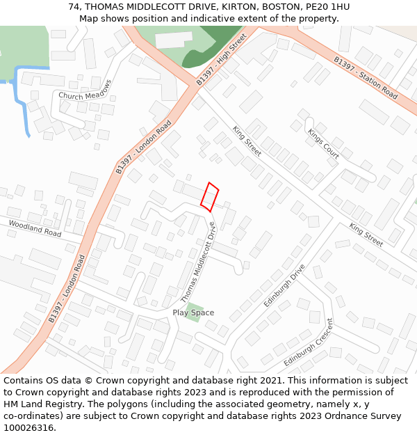 74, THOMAS MIDDLECOTT DRIVE, KIRTON, BOSTON, PE20 1HU: Location map and indicative extent of plot