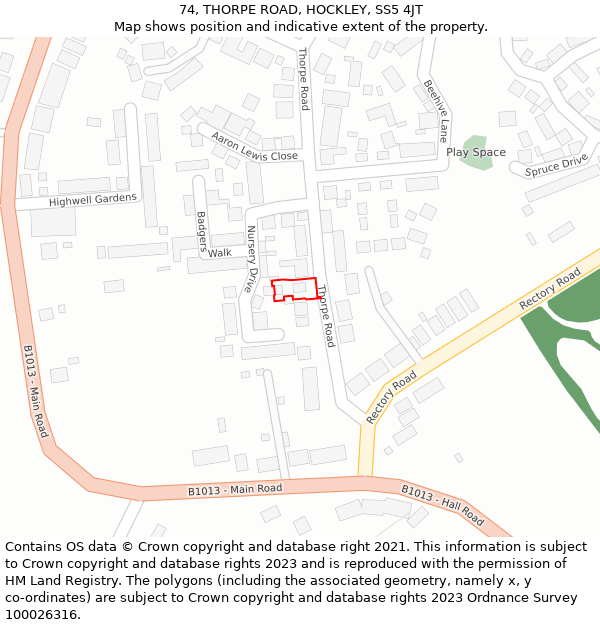 74, THORPE ROAD, HOCKLEY, SS5 4JT: Location map and indicative extent of plot