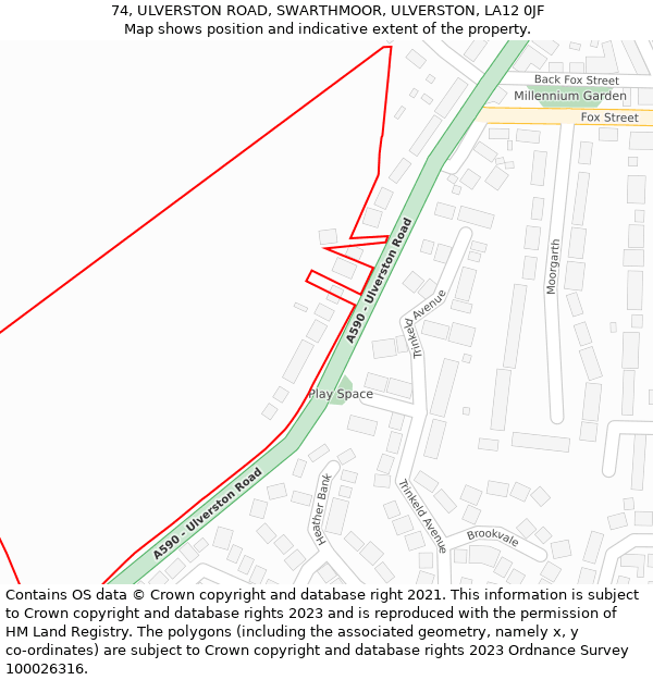 74, ULVERSTON ROAD, SWARTHMOOR, ULVERSTON, LA12 0JF: Location map and indicative extent of plot