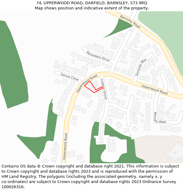 74, UPPERWOOD ROAD, DARFIELD, BARNSLEY, S73 9RQ: Location map and indicative extent of plot