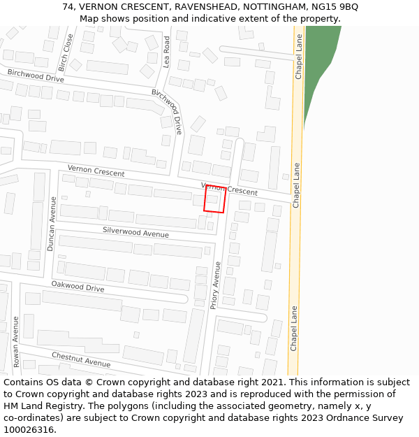 74, VERNON CRESCENT, RAVENSHEAD, NOTTINGHAM, NG15 9BQ: Location map and indicative extent of plot