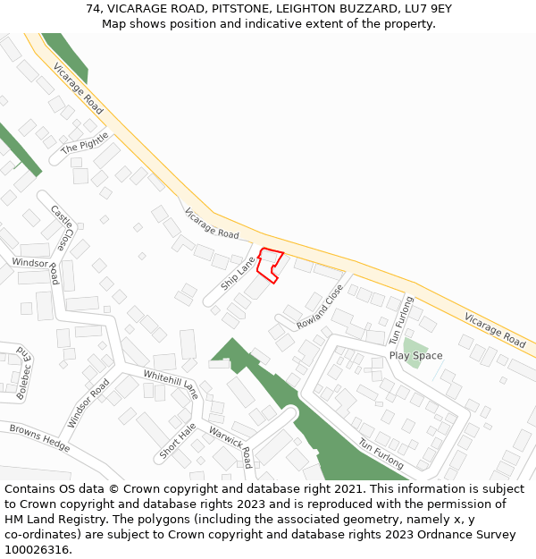 74, VICARAGE ROAD, PITSTONE, LEIGHTON BUZZARD, LU7 9EY: Location map and indicative extent of plot