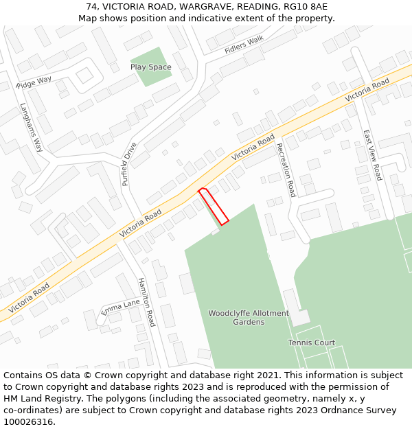 74, VICTORIA ROAD, WARGRAVE, READING, RG10 8AE: Location map and indicative extent of plot