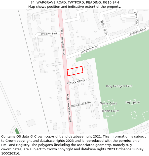 74, WARGRAVE ROAD, TWYFORD, READING, RG10 9PH: Location map and indicative extent of plot