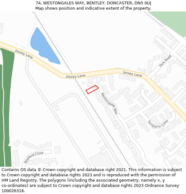 74, WESTONGALES WAY, BENTLEY, DONCASTER, DN5 0UJ: Location map and indicative extent of plot