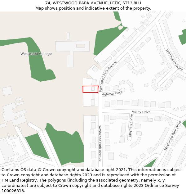 74, WESTWOOD PARK AVENUE, LEEK, ST13 8LU: Location map and indicative extent of plot