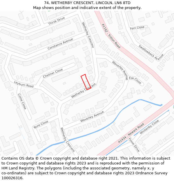 74, WETHERBY CRESCENT, LINCOLN, LN6 8TD: Location map and indicative extent of plot